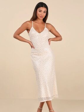 Lulus Edaline Cream Floral Sequin Slip Midi Dress